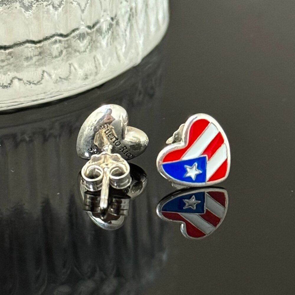 Puerto Rico Flag Heart Earrings S925 Sterling Silver Stud Earrings Handmade - Picture 4 of 6